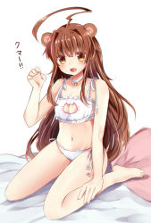 Rule 34 | 10s, 1girl, :3, ahoge, animal ears, bad id, bad pixiv id, barefoot, bell, breasts, brown eyes, brown hair, cat cutout, cat ear panties, cat lingerie, claw pose, cleavage cutout, clothing cutout, highres, jingle bell, kantai collection, kuma (kancolle), long hair, masayo (gin no ame), meme attire, navel, open mouth, panties, side-tie panties, smile, solo, underwear