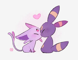 Rule 34 | aukives, blush, closed eyes, creatures (company), espeon, forehead jewel, forked tail, game freak, gen 2 pokemon, heart, kiss, nintendo, no humans, pokemon, pokemon (creature), simple background, sitting, tail, umbreon