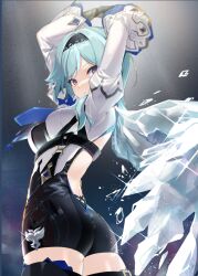 Rule 34 | 1girl, arms up, ass, backless outfit, black hairband, black jumpsuit, black thighhighs, blue gloves, blue hair, breasts, brown eyes, cowboy shot, eula (genshin impact), from side, genshin impact, gloves, hairband, highres, jumpsuit, long hair, long sleeves, looking at viewer, medium breasts, nyori, short jumpsuit, shrug (clothing), solo, standing, thighhighs, twisted torso