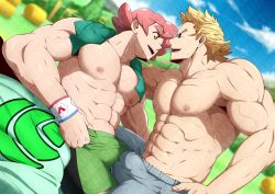 Rule 34 | 2boys, abs, bara, blonde hair, blue eyes, body hair, boku no hero academia, bulge, bulge press, bulges touching, creatures (company), crossover, from side, frottage, game freak, green eyes, gym leader, highres, kuroshinki, large pectorals, male focus, milo (pokemon), multiple boys, muscular, navel, nintendo, nipples, open mouth, paid reward available, pectorals, penis, penises touching, pink hair, pokemon, pokemon swsh, short hair, sweat, togata mirio, topless male, upper body, yaoi
