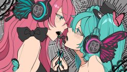 Rule 34 | 2girls, aqua eyes, aqua hair, aqua nails, blush, bug, butterfly, butterfly hair ornament, butterfly wings, close-up, commentary, ella eves, face-to-face, fingerless gloves, from side, gloves, hair between eyes, hair ornament, hat, hatsune miku, headphones, headset, highres, insect, insect wings, long hair, looking at another, magnet (vocaloid), megurine luka, mini hat, mini top hat, mouthpiece, multiple girls, music, nail polish, open mouth, pink hair, profile, signature, singing, top hat, twintails, vocaloid, wings, yuri