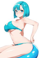 Rule 34 | 1girl, absurdres, aqua hair, ball, beachball, bikini, blue eyes, blush, bob cut, bra, breasts, bulma, cleavage, closed mouth, covered erect nipples, dragon ball, dragon ball (classic), from side, highres, large breasts, looking at viewer, medium hair, navel, nose, nsfwbakasenpai, simple background, sitting, solo, strap pull, swimsuit, underboob, underwear, watermark, white background