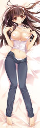 Rule 34 | 1girl, barefoot, blush, bow, bow panties, breasts, brown hair, carnelian, censored, censored nipples, dakimakura (medium), denim, feet, full body, hairband, heart, heart censor, highres, jeans, large breasts, long hair, looking at viewer, lying, navel, off shoulder, open clothes, open shirt, original, panties, pants, ribbon, sample watermark, shirt, solo, toes, unbuttoned, underwear, undressing, unzipped, watermark, white panties, yellow eyes