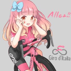 Rule 34 | 1girl, :d, aikatsu! (series), aikatsu friends!, bicycle, bike jersey, blunt bangs, blush, bow, brown eyes, chocomoch, commentary request, gradient hair, grey background, hair bow, hair over shoulder, hands on own face, highres, italian flag, italian text, long hair, looking at viewer, multicolored hair, on vehicle, open mouth, orange hair, pink hair, race vehicle, round teeth, short sleeves, simple background, smile, solo, sportswear, teeth, tour de france, translation request, upper teeth only, yuki aine