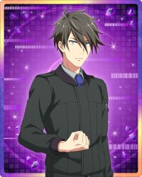 Rule 34 | 1boy, akuno hideo, aqua eyes, arm at side, black hair, black jacket, blue necktie, clenched hand, closed mouth, collared shirt, hair between eyes, idolmaster, idolmaster side-m, idolmaster side-m growing stars, jacket, long bangs, long sleeves, looking at viewer, male focus, messy hair, necktie, official art, shirt, solo, upper body