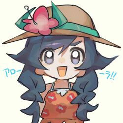 Rule 34 | 1girl, :d, asatte 3z, black hair, braid, brown hat, camisole, chibi, creatures (company), floral print, flower, game freak, hat, hat flower, hibiscus, hibiscus print, highres, long hair, looking at viewer, nintendo, open mouth, orange camisole, pink flower, pokemon, pokemon usum, purple eyes, selene (pokemon), simple background, smile, solo, straight-on, swept bangs, translated, twin braids, v-shaped eyebrows, white background
