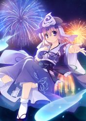 Rule 34 | 1girl, aerial fireworks, female focus, fireworks, hat, highres, japanese clothes, pink eyes, pink hair, saigyouji yuyuko, short hair, solo, t-ray, touhou