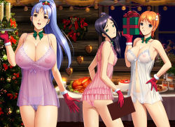 Rule 34 | 3girls, :d, alcohol, ass, babydoll, blue hair, blush, breasts, brown eyes, cake, champagne, chemise, christmas, christmas tree, cleft of venus, decorations, dragon@harry, female focus, food, gift, gloves, green eyes, hair ornament, hand on own hip, highres, holding, huge breasts, multiple girls, nipples, open mouth, orange hair, original, panties, ponytail, pubic hair, see-through, short hair, side ponytail, smile, tray, turkey (food), underwear