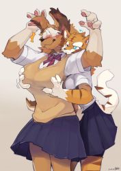 Rule 34 | 2girls, absurdres, animal ears, arms up, azuki pan, blue eyes, blue skirt, breasts, bright pupils, brown fur, brown hair, dated, dog ears, dog tail, female focus, furry, furry female, grabbing, grabbing another&#039;s breast, grabbing from behind, hair over eyes, highres, large breasts, multicolored hair, multiple girls, orange fur, original, pawpads, pleated skirt, reach-around, school uniform, signature, skirt, striped neckwear, surprised, sweater vest, tail, tiger ears, tiger tail, two-tone hair, white fur, white hair, white pupils, yuri