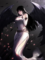 Rule 34 | 1girl, a-line, armlet, backlighting, black background, black hair, black wings, blank eyes, breast suppress, breasts, chain, closed mouth, detached sleeves, dress, eyelashes, feathered wings, feathers, glowing, glowing eyes, highres, jewelry, large breasts, long dress, long hair, mabinogi, morrighan, motion blur, necklace, red lips, sash, shade, side slit, sleeveless, solo, tassel, white dress, wings, wristlet