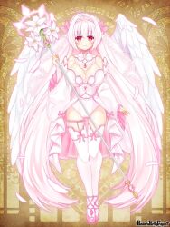 Rule 34 | 1girl, ahoge, blush, breasts, character request, cleavage, closed mouth, copyright name, detached sleeves, dress, feathered wings, feathers, flower, hair between eyes, hair intakes, holding, holding staff, large breasts, long hair, long sleeves, pandora party project, pink feathers, pink footwear, pink hair, red eyes, shikito (yawa0w0), shoes, sleeves past wrists, smile, solo, staff, thighhighs, very long hair, white dress, white flower, white sleeves, white thighhighs, white wings, wide sleeves, wings