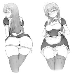Rule 34 | 1girl, alternate costume, anus, ass, bar censor, blush, censored, clothes lift, commentary, enmaided, gloves, greyscale, kantai collection, lifting own clothes, long hair, looking at viewer, maid, maid headdress, monochrome, oonaka ito, panties, panty pull, pussy juice, sex toy, skirt, skirt lift, suzuya (kancolle), thighhighs, thighs, underwear, vibrator, vibrator under clothes, vibrator under panties, white background