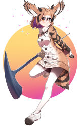 Rule 34 | 1girl, absurdres, bad id, bad pixiv id, bird tail, brown coat, brown eyes, brown hair, closed mouth, coat, commentary request, eurasian eagle owl (kemono friends), frown, full body, fur collar, head wings, highres, holding, kemono friends, long sleeves, looking at viewer, mary janes, multicolored hair, pantyhose, shoes, short hair, solo, sparkle, staff, standing, standing on one leg, tail, takom, white background, white footwear, white hair, white pantyhose, wings