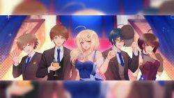 Rule 34 | 2girls, 3boys, :d, ahoge, akamatsu kaede, alternate costume, bare arms, bare shoulders, black jacket, blonde hair, blue bow, blue neckwear, blurry, bow, breasts, brown gloves, brown jacket, c01a (cola), cleavage, closed eyes, closed mouth, collarbone, collared shirt, commentary, cup, danganronpa: trigger happy havoc, danganronpa (series), danganronpa 2: goodbye despair, danganronpa v3: killing harmony, dress, english commentary, formal, gloves, hair ornament, hairclip, hand up, highres, hinata hajime, holding, holding cup, jacket, large breasts, long sleeves, looking at viewer, multiple boys, multiple girls, naegi komaru, naegi makoto, necktie, open mouth, red dress, saihara shuichi, shirt, short hair, sleeveless, sleeveless dress, smile, trait connection, vest, yellow eyes