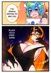 Rule 34 | 4girls, anger vein, bare arms, bare shoulders, black hair, black hole, black sclera, blackhole-chan, blue eyes, blue hair, blush, border, brand name imitation, breasts, cleavage, closed mouth, cloud, collarbone, colored sclera, comic, covered navel, crossed bangs, curvy, dress, earth-chan, english text, fang, flying sweatdrops, gloves, green hair, hair between eyes, highres, huge breasts, long hair, looking at viewer, m87 black hole, moon-chan, multicolored hair, multiple girls, nasa logo, open mouth, orange eyes, orange hair, original, osiimi, personification, red eyes, short hair, skin fang, skirt, smile, space, speech bubble, star (sky), sun-sensei, tagme, thighhighs, two-tone hair, white border