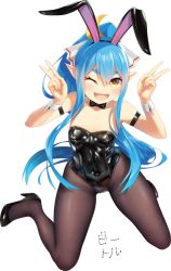 Rule 34 | 1girl, ;d, animal ears, arm strap, bare shoulders, bettle (b s a n), black footwear, black leotard, black neckwear, black pantyhose, blue hair, blush, breasts, brown eyes, child, covered navel, crescent, detached collar, double v, fake animal ears, fine fabric emphasis, full body, hair between eyes, high heels, kaguya (sennen sensou aigis), kneeling, leotard, long hair, looking at viewer, one eye closed, open mouth, pantyhose, parted lips, playboy bunny, pointy ears, sennen sensou aigis, shiny clothes, small breasts, smile, solo, thick eyebrows, transparent background, v, very long hair, wide hips, wrist cuffs