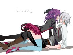 Rule 34 | 1boy, 1girl, all fours, allen walker, anklet, belt, black jacket, black panties, black pants, blue eyes, blue thighhighs, boots, brown belt, brown footwear, couple, d.gray-man, dress shirt, eye contact, facial mark, from side, girl on top, grey vest, grin, high heels, jacket, jewelry, knee boots, layered skirt, lenalee lee, long hair, long sleeves, looking at another, miniskirt, neck ribbon, panties, pants, pantyshot, pleated skirt, pumps, purple hair, red footwear, red ribbon, red skirt, ribbon, shirt, silver hair, simple background, skirt, smile, thighhighs, underwear, vest, white background, white shirt, yuukimona