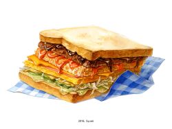 Rule 34 | artist name, bread, cheese, dated, food, food focus, lettuce, meat, napkin, no humans, original, sandwich, sauce, simple background, syueii, white background