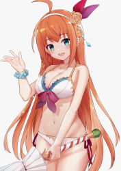 Rule 34 | 1girl, :d, absurdres, ahoge, bare arms, bare shoulders, bead bracelet, beads, bikini, blue eyes, blush, bracelet, breasts, cleavage, closed umbrella, commentary request, flower, hair flower, hair ornament, hairband, halterneck, hand up, highres, holding, holding umbrella, jewelry, large breasts, long hair, nagata gata, navel, open mouth, orange hair, pecorine (princess connect!), pecorine (summer) (princess connect!), princess connect!, side-tie bikini bottom, simple background, smile, solo, standing, stomach, swimsuit, umbrella, very long hair, white background, white bikini, white hairband, yellow flower