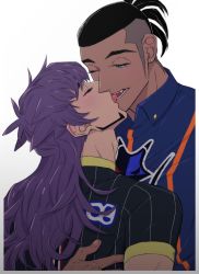 Rule 34 | 2boys, aqua eyes, black hair, blush, closed eyes, collared shirt, couple, creatures (company), dark-skinned male, dark skin, earrings, french kiss, game freak, goma (kddd zenzai), highres, hug, jewelry, kiss, leon (pokemon), long hair, male focus, multiple boys, nintendo, no headwear, pokemon, pokemon swsh, purple hair, raihan (pokemon), shirt, short hair, short sleeves, upper body, yaoi