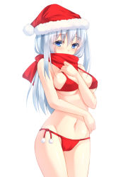 Rule 34 | 1girl, arm between breasts, bad id, bad pixiv id, bare shoulders, between breasts, bikini, blue eyes, blue hair, blush, breasts, cameltoe, christmas, covering own mouth, hat, long hair, matching hair/eyes, miko (royal milk), navel, original, red bikini, red scarf, santa costume, santa hat, scarf, scarf over mouth, shiny skin, side-tie bikini bottom, silver hair, simple background, solo, strap gap, swimsuit, underboob, white background