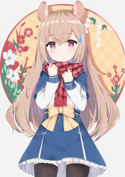 Rule 34 | 1girl, absurdres, animal ear fluff, animal ears, black thighhighs, blue skirt, blush, bow, brown bow, brown hair, chinese zodiac, closed mouth, commentary request, cowboy shot, floral background, frilled skirt, frills, fringe trim, fuyuki030, hair between eyes, hair ornament, hands up, happy new year, highres, long hair, long sleeves, looking at viewer, mouse ears, new year, original, plaid, plaid scarf, red eyes, red scarf, scarf, shirt, skirt, sleeves past wrists, solo, striped, striped bow, thighhighs, very long hair, white shirt, year of the rat