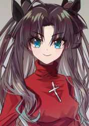 Rule 34 | 1girl, aqua eyes, black hair, black ribbon, closed mouth, fate/stay night, fate (series), grey background, hair ribbon, highres, long hair, long sleeves, looking at viewer, red sweater, ribbon, ruko072, simple background, smile, solo, sweater, tohsaka rin, turtleneck, turtleneck sweater, two side up, upper body