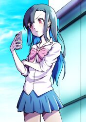 Rule 34 | 1girl, aged up, alternate hair length, alternate hairstyle, annoyed, asymmetrical bangs, black hair, blue hair, blue skirt, blue sky, bow, bowtie, colored inner hair, commentary, day, ear piercing, highres, holding, holding phone, hozuki momiji, light blush, long sleeves, miniskirt, mizuki (fkps5723), multicolored hair, onii-chan wa oshimai!, outdoors, phone, piercing, pout, red bow, red bowtie, red eyes, school uniform, shirt, skirt, sky, sleeves rolled up, solo, two-tone hair, untucked shirt, white shirt