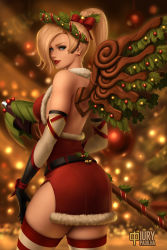 Rule 34 | 1girl, alternate wings, artist name, ass, bell, belt, black belt, black gloves, blonde hair, blue eyes, blurry, blurry background, breasts, brown wings, christmas, christmas lights, christmas ornaments, cowboy shot, dress, earrings, elbow gloves, from behind, fur trim, gloves, head wreath, high ponytail, highres, iury padilha, jewelry, jingle bell, light smile, looking at viewer, looking back, medium breasts, mercy (overwatch), overwatch, overwatch 1, pink lips, red dress, red ribbon, red thighhighs, ribbon, sleeveless, sleeveless dress, solo, striped clothes, striped thighhighs, stud earrings, thighhighs, white thighhighs, wings