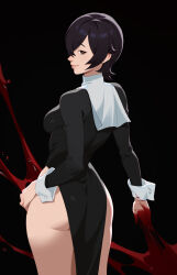 Rule 34 | 1girl, absurdres, ass, black background, black dress, black hair, blood, blood on hands, breasts, bright pupils, brown eyes, commission, cowboy shot, dnaitari, dress, hair over one eye, hand on own hip, highres, long sleeves, looking at viewer, medium breasts, original, parted lips, pelvic curtain, pixiv commission, profile, short hair, simple background, solo, standing, teeth, turning head, white pupils, white wrist cuffs, wrist cuffs
