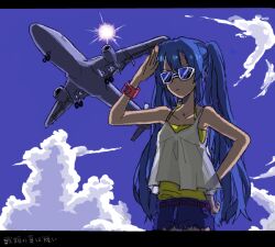 Rule 34 | 1girl, aircraft, airplane, alternate costume, bad drawr id, bad id, bare arms, blue hair, blue sky, bracelet, camisole, cloud, collarbone, day, denim, denim shorts, hand on own hip, hand up, hatsune miku, jet, jewelry, letterboxed, long hair, megamegaglass, oekaki, outdoors, salute, shirt, shorts, sky, solo, sunglasses, translation request, twintails, vocaloid, white camisole, yellow shirt