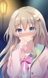 Rule 34 | 1girl, 3:, 9-nine-, absurdres, blue eyes, blurry, blurry background, blush, cardigan, closed mouth, commentary request, embarrassed, eyelashes, eyes visible through hair, gear hair ornament, hair between eyes, hand to own mouth, hand up, highres, kujou miyako, light brown hair, long hair, looking at viewer, neck ribbon, night, nose blush, open cardigan, open clothes, outdoors, pink cardigan, pink ribbon, purunyara, ribbon, school uniform, shirt, sidelocks, sleeves past wrists, solo, sweatdrop, upper body, very long hair, wavy hair, white shirt, wing hair ornament