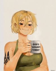 Rule 34 | 1girl, arm tattoo, artist name, blonde hair, breasts, brown eyes, cleavage, commentary, cup, english commentary, green tank top, hair between eyes, half-closed eyes, highres, holding, holding cup, marichka, medium breasts, meme attire, military, original, short hair, signature, smile, smug, solo, tank top, tattoo, tryzub, upper body, usergore, white background