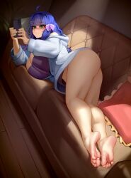 Rule 34 | 1girl, absurdres, ass, bare legs, barefoot, blue hair, breasts, cellphone, feet, full body, green eyes, highres, holding, holding phone, kairunoburogu, large breasts, legs, long hair, looking at phone, phone, soles, solo, toes