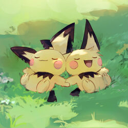 Rule 34 | :d, closed eyes, closed mouth, creatures (company), day, flower, game freak, gen 2 pokemon, grass, hashtag-only commentary, highres, holding hands, lying, maumaujanken, nintendo, no humans, on back, open mouth, outdoors, pichu, pokemon, pokemon (creature), sleeping, smile, yellow flower