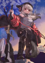 Rule 34 | 1girl, animal ears, arknights, axe, bad perspective, beanie, black hat, black skirt, blood, blood on face, blue sky, brown pantyhose, commentary request, cuts, fox ears, fox girl, fox tail, from below, frostleaf (arknights), frown, gradient sky, grey hair, grey shirt, hat, highres, holding, holding axe, injury, jacket, long hair, looking at viewer, looking down, material growth, oripathy lesion (arknights), pantyhose, red eyes, red jacket, shirt, sketch, skirt, sky, solo, suzubotan, tail