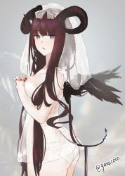 Rule 34 | ass, bad id, bad pixiv id, black wings, blunt bangs, blurry, blurry background, breasts, cowboy shot, curled horns, demon girl, demon horns, demon tail, demon wings, depth of field, feathered wings, fingernails, from side, grey background, horns, large breasts, lingerie, long hair, looking at viewer, looking back, nail polish, neko (ganecooo), nightgown, original, own hands together, panties, parted lips, purple eyes, red hair, red nails, standing, tail, twitter username, underwear, veil, very long hair, white panties, wings