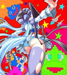 Rule 34 | 1girl, blue eyes, blue hair, blue monday, d-pad, from behind, long hair, looking back, matching hair/eyes, mizuto umi (blue monday), pixels, solo, thighhighs