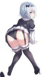 Rule 34 | 10s, 1girl, all fours, ass, black bow, black dress, black footwear, black panties, black thighhighs, blue eyes, blush, bow, commentary request, dress, dutch angle, garter straps, gothic lolita, hair bow, hairband, high heels, highres, ichijou (kr neru0), layered sleeves, lolita fashion, long sleeves, looking at viewer, looking back, panties, profile, puffy short sleeves, puffy sleeves, ryuuou no oshigoto!, shoes, short over long sleeves, short sleeves, silver hair, simple background, single shoe, solo, sora ginko, thighhighs, underwear, white background