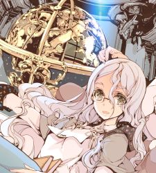 Rule 34 | 1girl, :d, book, constellation, endou okito, glasses, globe, green eyes, hair between eyes, hand on another&#039;s head, long hair, long sleeves, open mouth, original, silver hair, smile, solo focus, star (symbol)