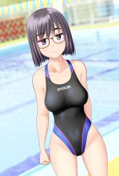 Rule 34 | 1girl, absurdres, black hair, black one-piece swimsuit, breasts, brown eyes, clothes writing, collarbone, commentary request, competition swimsuit, cowboy shot, dutch angle, glasses, highleg, highleg swimsuit, highres, large breasts, one-piece swimsuit, original, pool, short hair, solo, standing, string of flags, swimsuit, takafumi, two-tone swimsuit, variant set