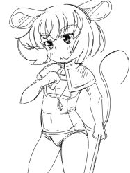 Rule 34 | 1girl, :&lt;, animal ears, capelet, female focus, greyscale, jewelry, mepikari, monochrome, mouse ears, mouse tail, nazrin, one-piece swimsuit, pendant, school swimsuit, short hair, sketch, solo, swimsuit, tail, touhou