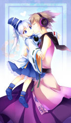 Rule 34 | 2girls, age difference, aged down, blue eyes, brown hair, child, closed eyes, cowboy shot, earmuffs, female focus, full body, hat, heart, hug, japanese clothes, kariginu, kiss, kissing cheek, mononobe no futo, multiple girls, onee-loli, open mouth, outstretched arms, pom pom (clothes), ponytail, sash, shirt, short hair, silver hair, size difference, skirt, sleeveless, sleeveless shirt, tate eboshi, touhou, toyosatomimi no miko, wide sleeves, yetworldview kaze, yuri