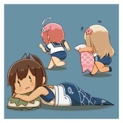 Rule 34 | 10s, 3girls, :d, ^^^, ahoge, ass, back, barefoot, blonde hair, blue one-piece swimsuit, blush, border, brown hair, capriccyo, chasing, chibi, clenched hands, crop top, fleeing, flower, food, hair flower, hair ornament, holding, i-401 (kancolle), i-58 (kancolle), kantai collection, kashiwa mochi (food), kodomo no hi, koinobori, long hair, looking at viewer, lying, mermaid, mochi, monster girl, multiple girls, on back, one-piece swimsuit, one-piece tan, open mouth, outstretched arm, pillow, pink flower, pink hair, ponytail, ro-500 (kancolle), sailor collar, short sleeves, simple background, sleeveless, smile, stuffed toy, swimsuit, swimsuit under clothes, tan, tanline, wagashi, white border, windsock