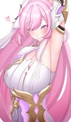 Rule 34 | 1girl, arm up, armpits, breasts, closed mouth, dress, elf, elysia (herrscher of human:ego) (honkai impact), elysia (honkai impact), gloves, heart, heart-shaped pupils, highres, honkai (series), honkai impact 3rd, large breasts, laxiusart, long hair, looking at viewer, pink eyes, pink hair, pointy ears, presenting armpit, simple background, sleeveless, sleeveless dress, smile, solo, symbol-shaped pupils, white background, white dress, white gloves