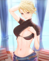 Rule 34 | 1girl, arm behind head, arm up, black bra, black shirt, blonde hair, book, book stack, bra, breasts, brown hair, closed mouth, clothes lift, curtains, denim, folded ponytail, fullmetal alchemist, highres, jeans, lifted by self, looking at viewer, mcdobo, medium breasts, navel, pants, riza hawkeye, shirt, shirt lift, short sleeves, smile, solo, stomach, taut clothes, taut shirt, underwear, window
