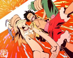 Rule 34 | 1girl, 2boys, artist logo, black hair, black thighhighs, closed eyes, crying, crying with eyes open, dress, gradient background, green hair, green kimono, highres, japanese clothes, kimono, long hair, monkey d. luffy, multiple boys, muscular, muscular male, nami (one piece), one piece, open clothes, orange background, pink sash, red hair, red shorts, roronoa zoro, sash, scar, scar on chest, scared, shirt, short hair, shorts, taku (aywakutakuay), tears, teeth, thighhighs, tongue, toon (style), yellow dress, yellow shirt