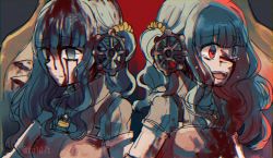 Rule 34 | 2girls, :d, alternate eye color, aqua eyes, aqua gemstone, aqua hair, aqua sweater, armor, blood, blood in hair, blood on clothes, blood on face, breastplate, closed mouth, crazy smile, crown (symbol), crying, crying with eyes open, dual persona, empty eyes, futaba sana, jewelry, long hair, magia record: mahou shoujo madoka magica gaiden, magical girl, mahou shoujo madoka magica, multiple girls, necklace, open mouth, portrait, red eyes, ribbed sweater, sad, sidelocks, smile, sweater, tears, totte, turtleneck, turtleneck sweater, twitter username, wavy hair, wheel hair ornament