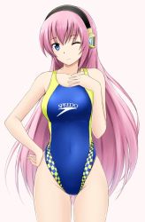 Rule 34 | 1girl, ;), alternate costume, blue eyes, blue one-piece swimsuit, breasts, clothes writing, collarbone, competition swimsuit, covered navel, cowboy shot, eyebrows, fuuma nagi, glowing, gluteal fold, groin, hairband, hand on own hip, hand on own chest, head tilt, headphones, hip focus, large breasts, legs apart, long hair, looking at viewer, megurine luka, one-piece swimsuit, one eye closed, pink background, pink hair, simple background, skin tight, smile, solo, speedo (company), standing, swimsuit, tareme, thighs, very long hair, vocaloid