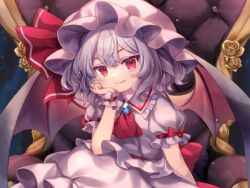 Rule 34 | 1girl, ascot, bat wings, brooch, chair, closed mouth, fang, fang out, frilled shirt collar, frills, grey hair, grey shirt, grey skirt, hand on own cheek, hand on own face, hat, hat ribbon, jewelry, light smile, looking at viewer, medium hair, mimi (mimi puru), mob cap, puffy short sleeves, puffy sleeves, red ascot, red ribbon, remilia scarlet, ribbon, shirt, short sleeves, sitting, skin fang, skirt, skirt set, solo, throne, touhou, wings, wrist cuffs